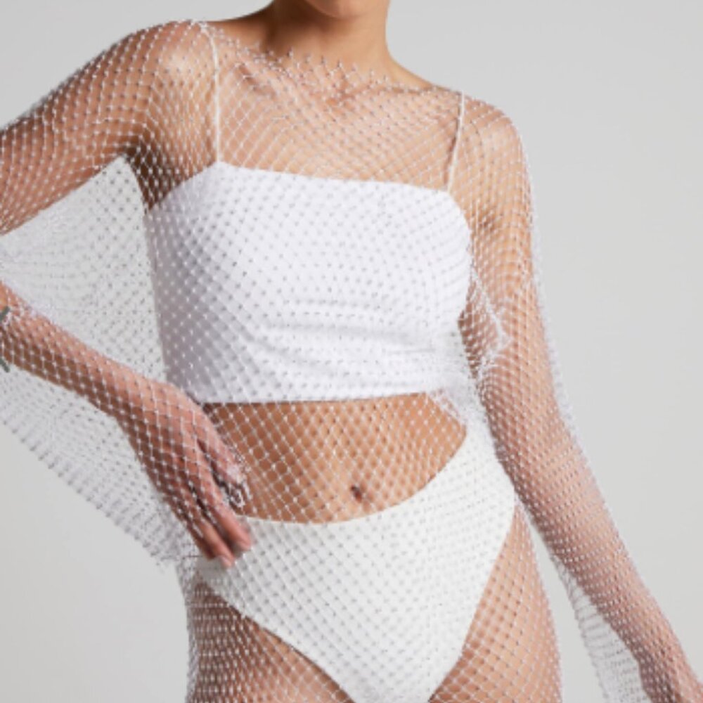 Sharlize Mini Dress - Diamante Mesh Long Sleeve Dress in white